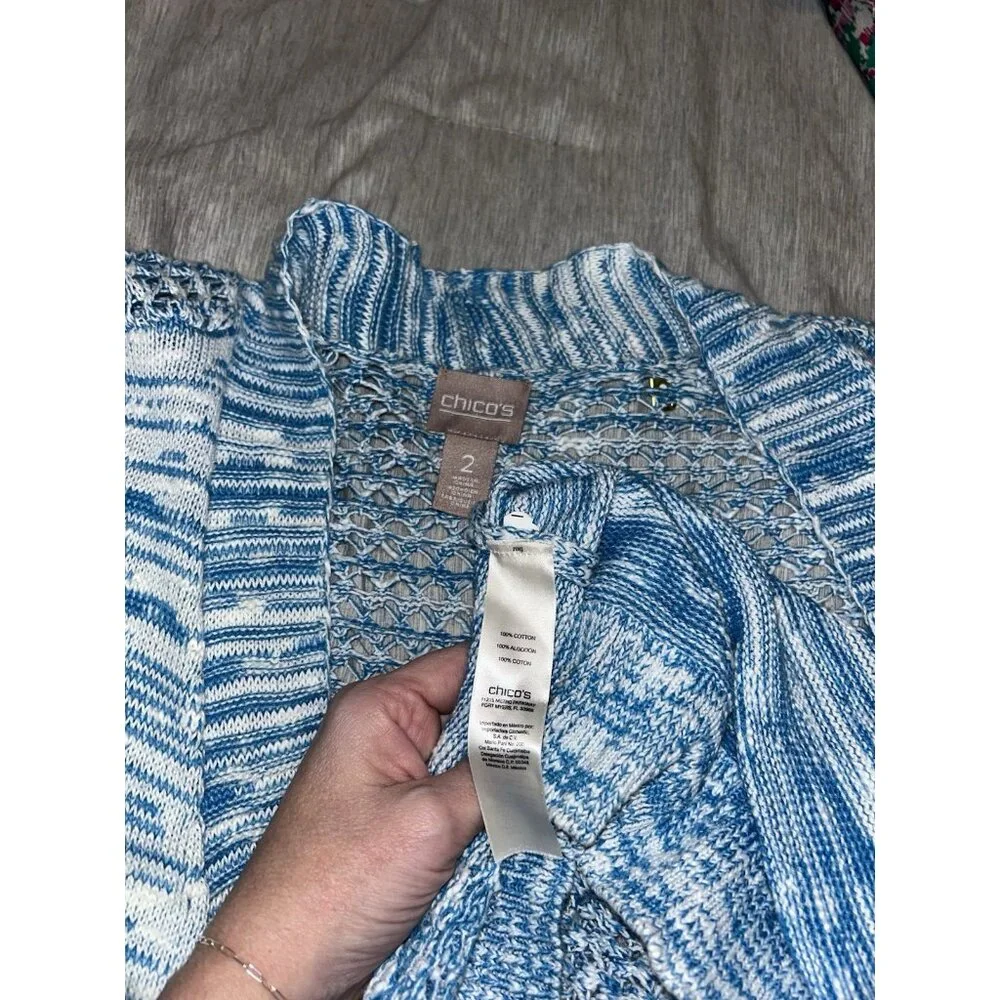 Chicos Blue White Abstract Print Open Knit Long Sleeve Casual Cardigan Size 2